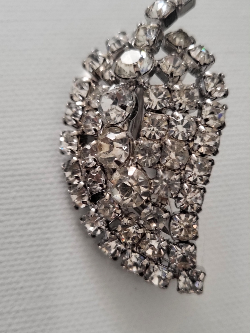 Vintage Rhinestones Silvertone Pave Leaf Drop Brooch